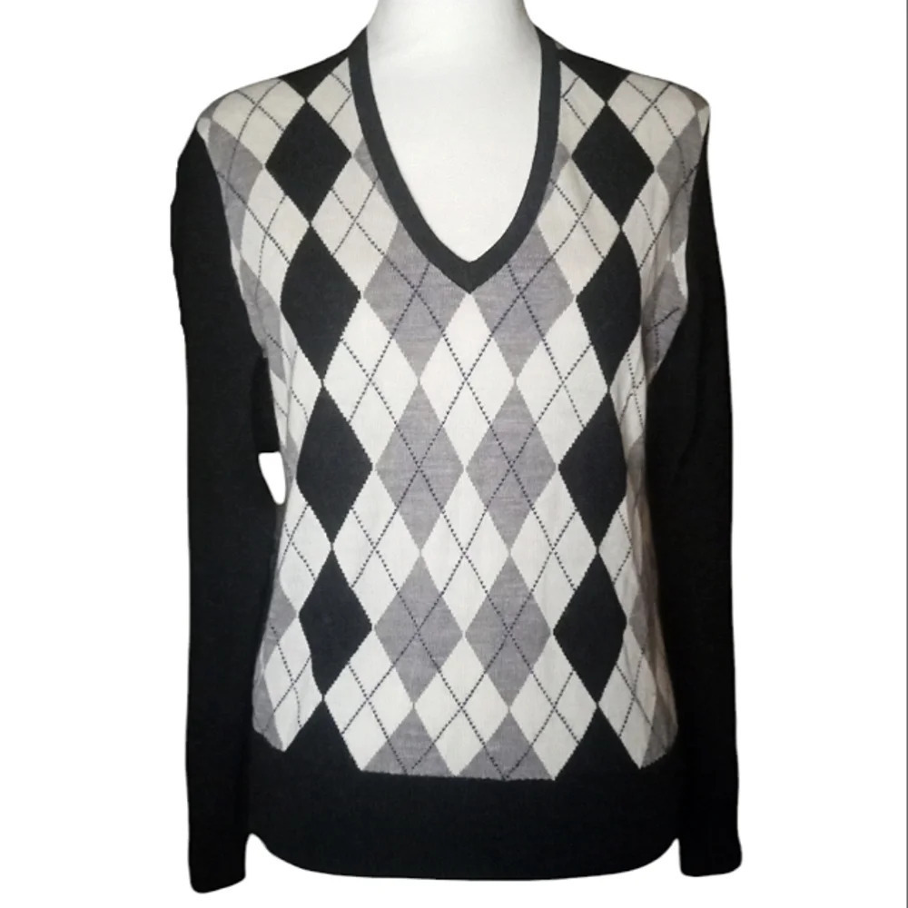Tweeds 100% Merino Wool Black Gray Argyle Front Sweater Size Medium
